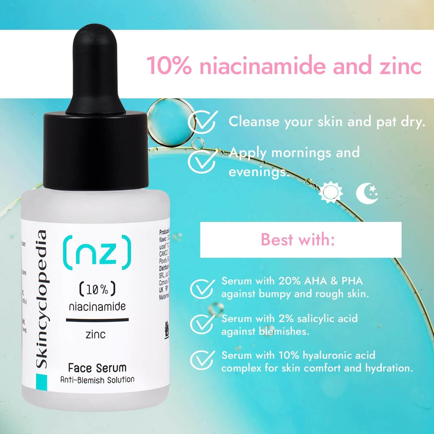 Nahaufnahme einer SKINCYCLOPEDIA Niacinamide 10% Serum Flasche. Das Serum verspricht Porenverfeinerung und Hautbalance mit Zink.