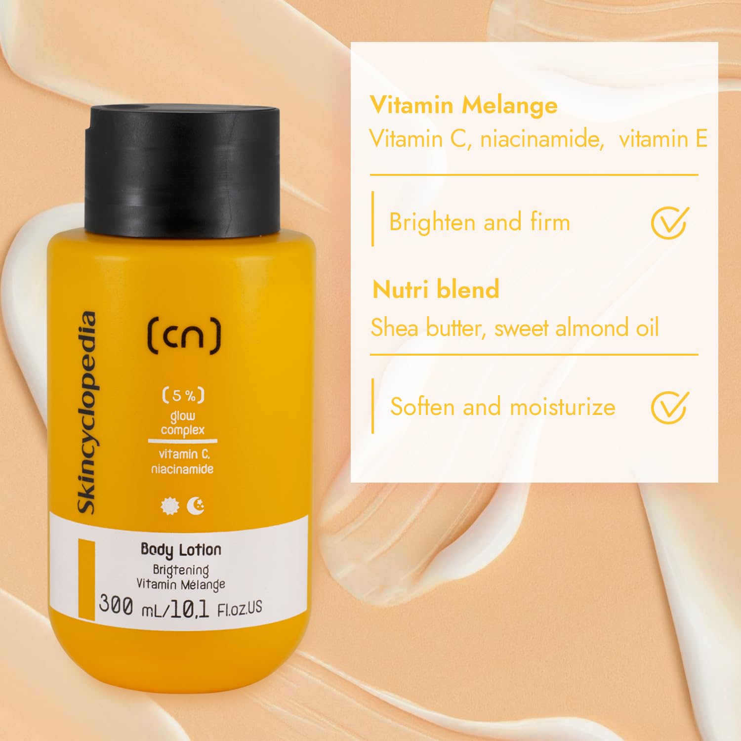 Gelbe Body Lotion mit Glow-Komplex, schwarzem Deckel, helle Textfelder beschreiben Inhaltsstoffe wie Vitamin C, Niacinamid, Vitamin E.