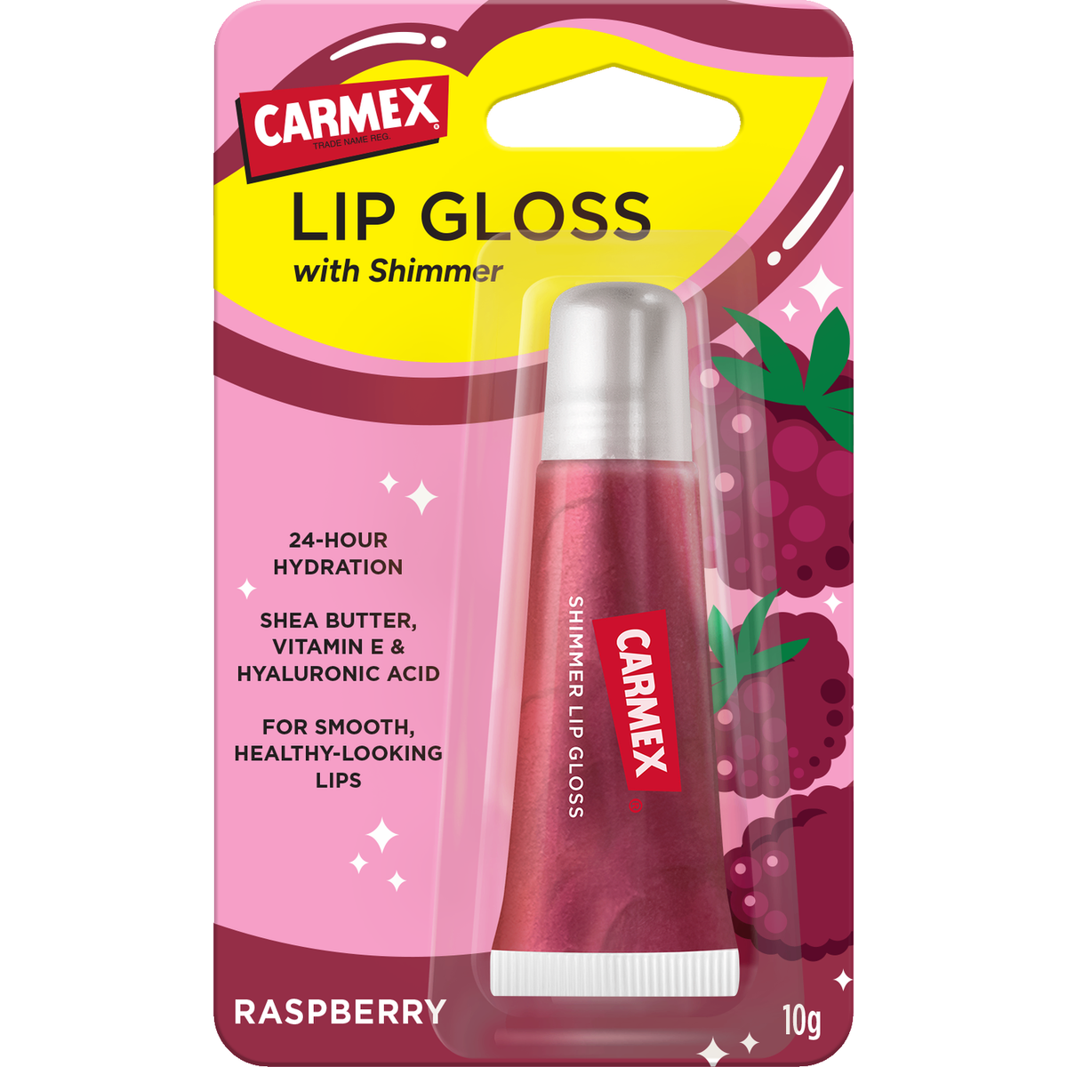 CARMEX Lipgloss Shimmer Raspberry in pink-gelber Blisterverpackung mit Beeren-Illustration und 10g Tube mit silberner Kappe