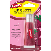 Lucidalabbra CARMEX Shimmer Raspberry in confezione blister rosa-gialla con illustrazione di frutti di bosco e tubetto da 10 g con tappo argentato