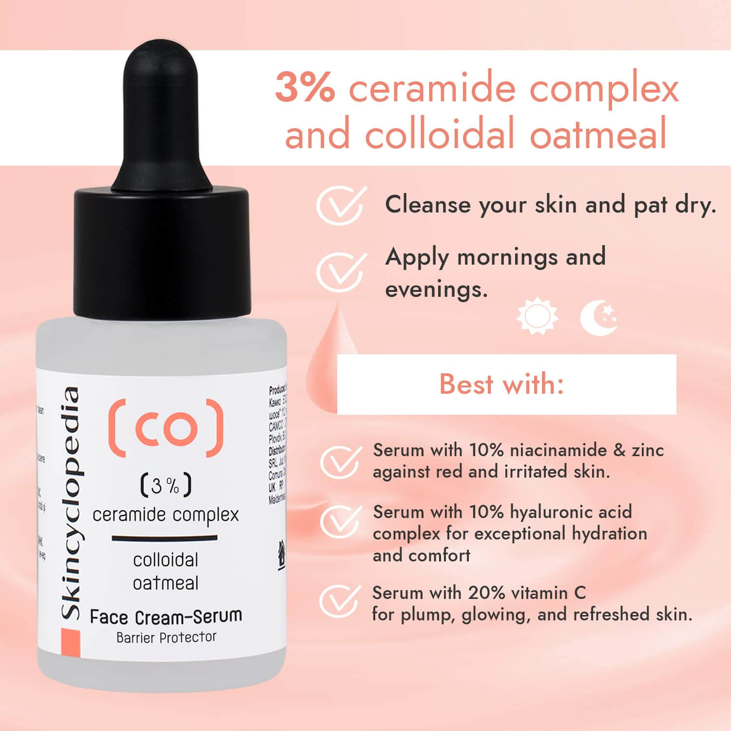Nahaufnahme: SKINCYCLOPEDIA Ceramide Serum mit Pipette. Text hebt 3% Ceramide Complex & kolloidalem Hafer hervor. Anwendungshinweise und Vorteile lesbar.