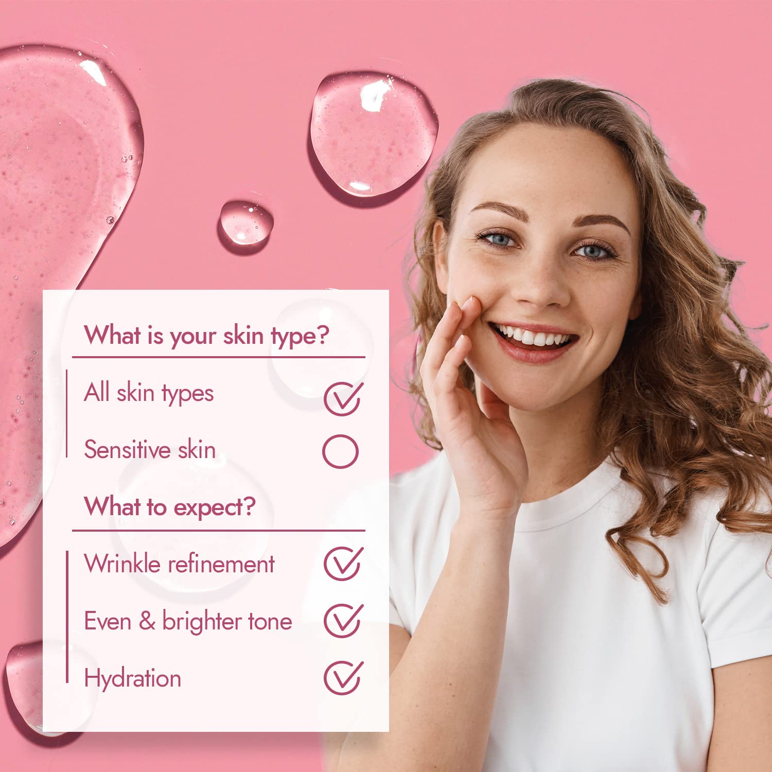 Eine Frau lächelt mit strahlender Haut. Grafik zu Hauttypen und Erwartungen an Hautpflege: Faltenreduktion, ebenmäßigerer Teint, Hydratation. Age Perfect Guide Set?