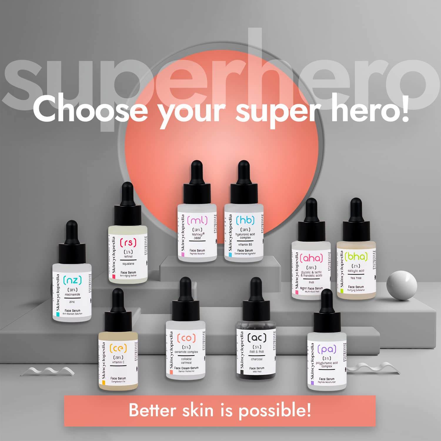 Eine Auswahl an SKINCYCLOPEDIA Seren, darunter das Ceramide Serum mit Hafer, präsentiert auf Grau.