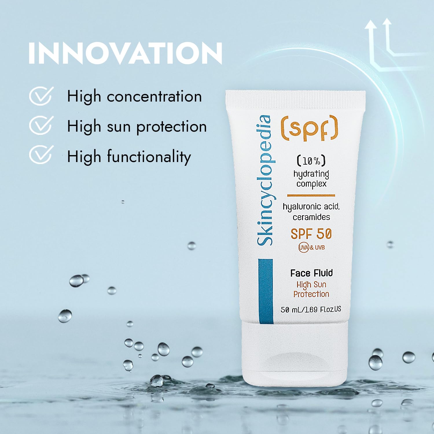 Weisse Tube SKINCYCLOPEDIA SPF 50 Hydrating Fluid mit UVA/UVB-Schutz, mit Hinweisen zu Inhaltsstoffen und Vorteilen.