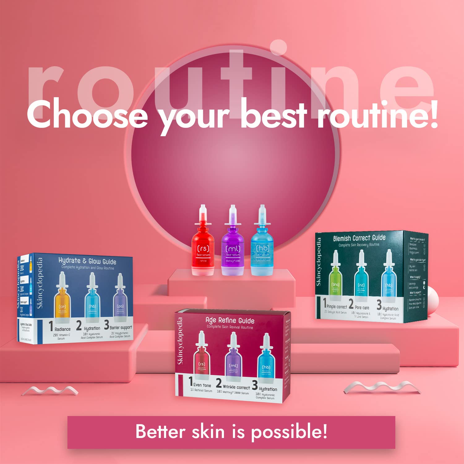 Das 3er-Set SKINCYCLOPEDIA Age Perfect: Verpackung und drei Ampullen in Rot, Lila und Blau. Anti-Aging Pflege für reife Haut mit Retinol, Matrixyl und Hyaluron.