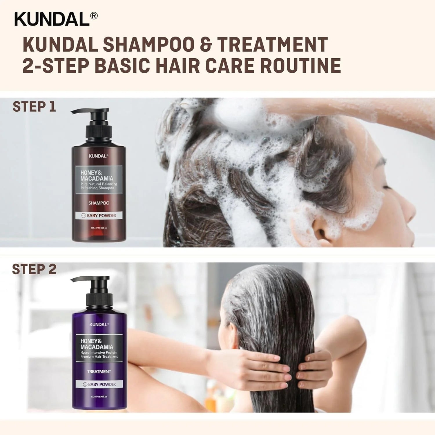 Ein 2-Stufen Haarpflege Produkt von Kundal: Shampoo (Honig & Macadamia) mit Anwendung, dann eine Behandlung. Im Schritt 2 ist das Haar glänzend und gepflegt.