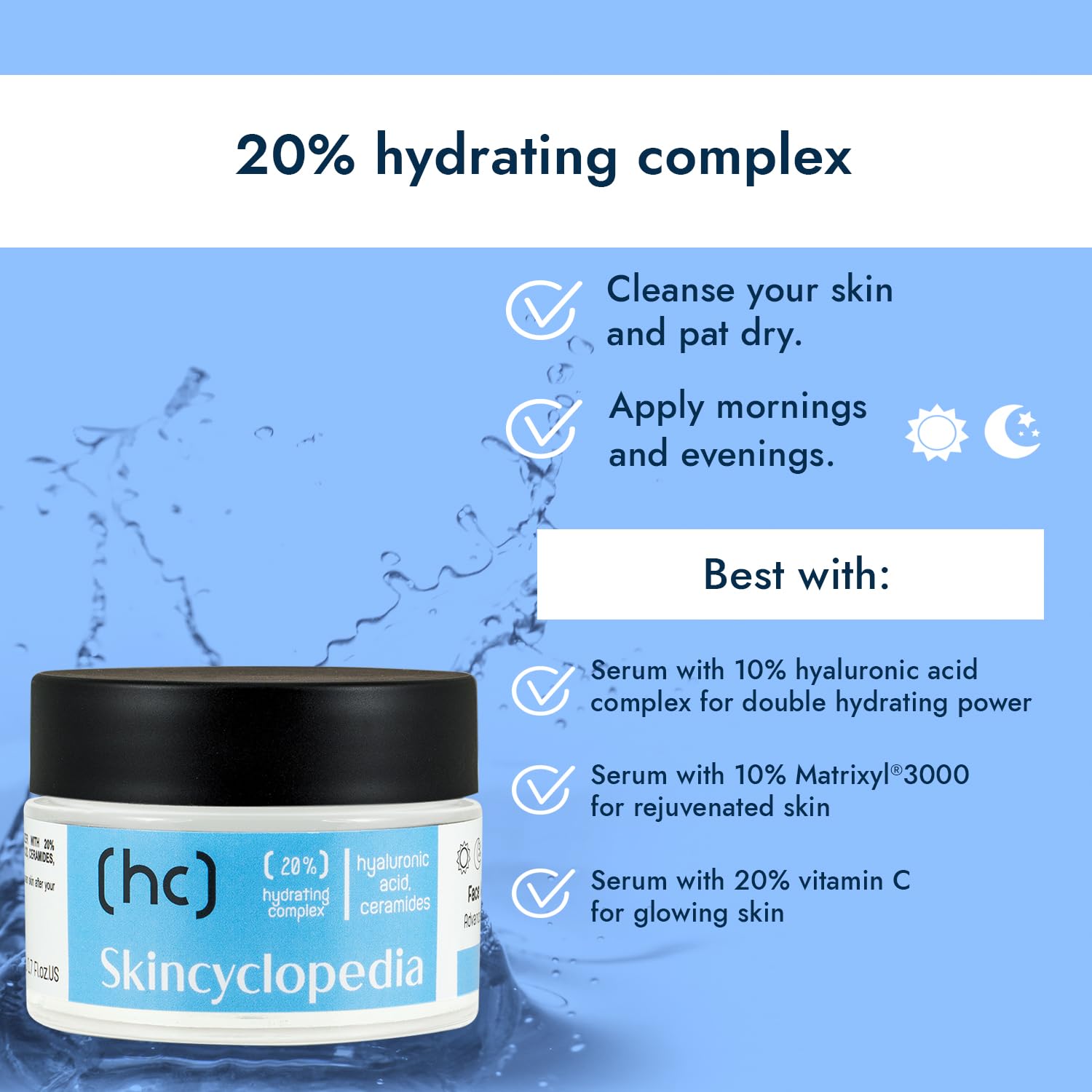 Creme Tiegel, SKINCYCLOPEDIA Feuchtigkeitscreme. Text: 20% Hydrating Complex, Anwendungshinweise und Serum Empfehlungen.