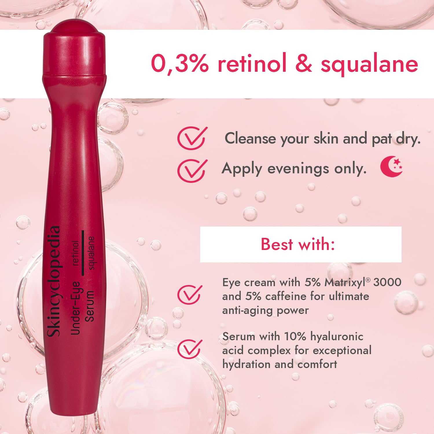 SKINCYCLOPEDIA Roll-On de retinol vermelho-escuro sobre um fundo rosa-claro com bolhinhas e dicas de cuidados em inglês