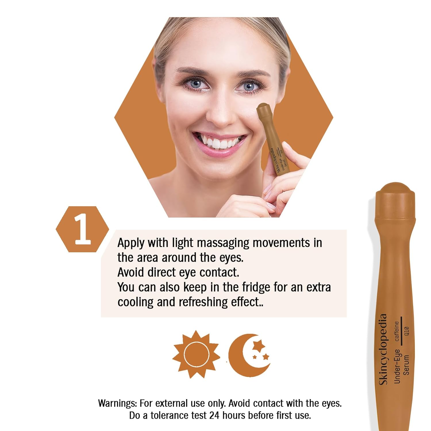 Aplicação do roll-on para os olhos SKINCYCLOPEDIA castanho na zona sob os olhos e imagem ampliada do produto à direita