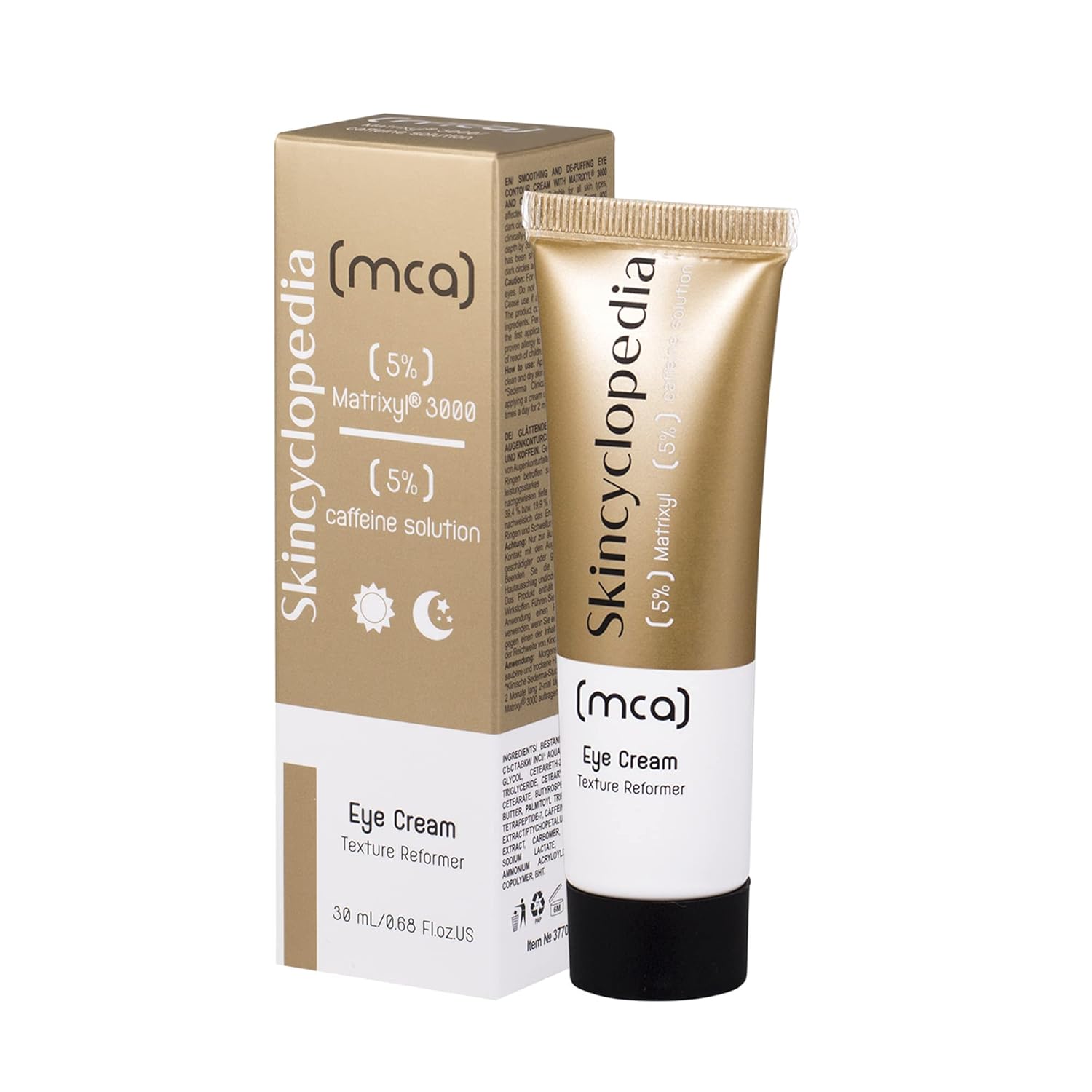 Tubo e embalagem em tons de dourado e branco do creme para os olhos SKINCYCLOPEDIA com Matrixyl e cafeína, sobre fundo branco