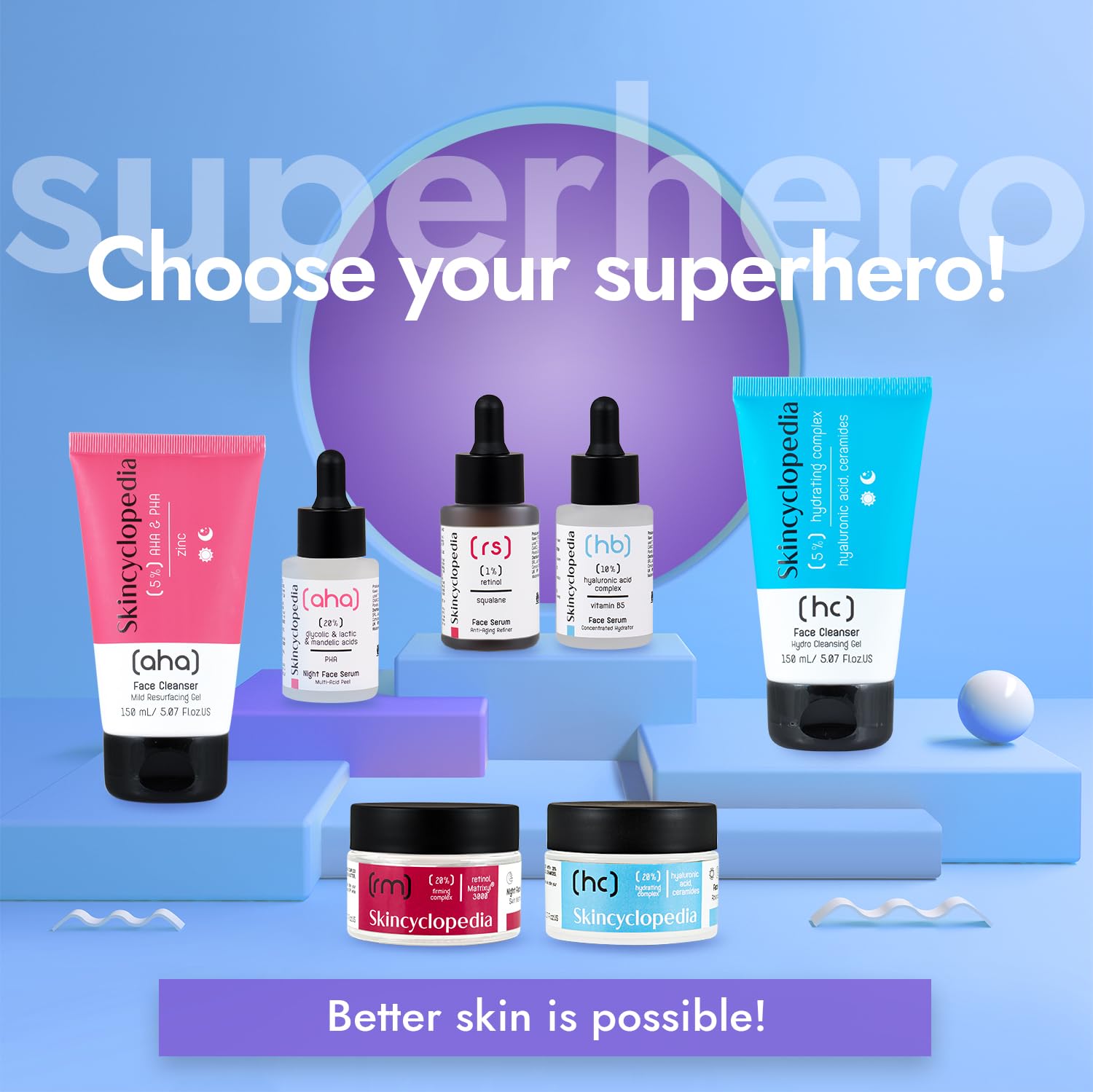 Verschiedene SKINCYCLOPEDIA Hautpflegeprodukte, darunter Feuchtigkeitscreme, Seren und Reinigungsgels.