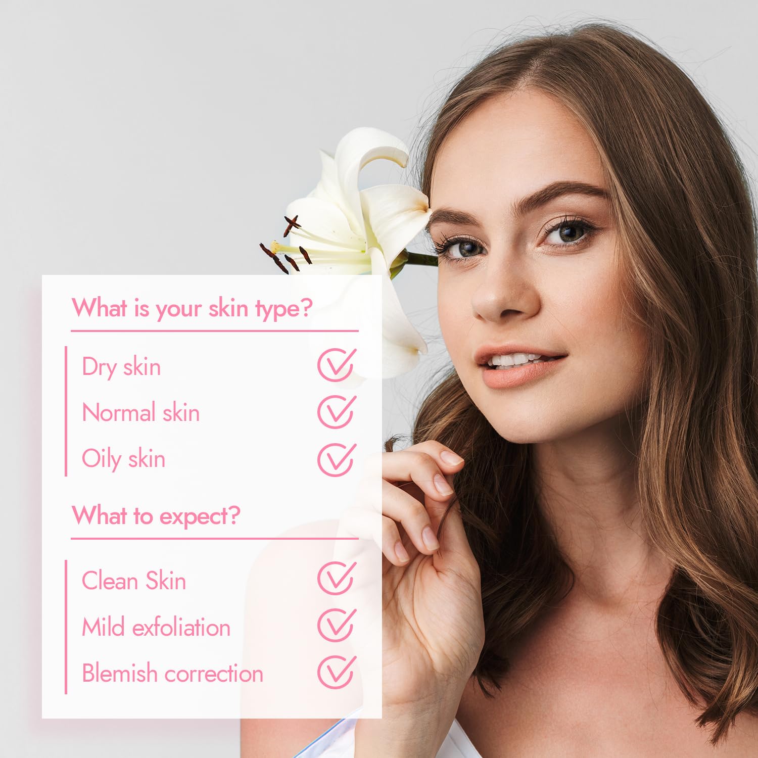 Frau mit reiner Haut, daneben Grafik: Hauttyp (trocken, normal, ölig) und Erwartungen (Reinigung, Peeling, Korrektur) mit Häkchen versehen.