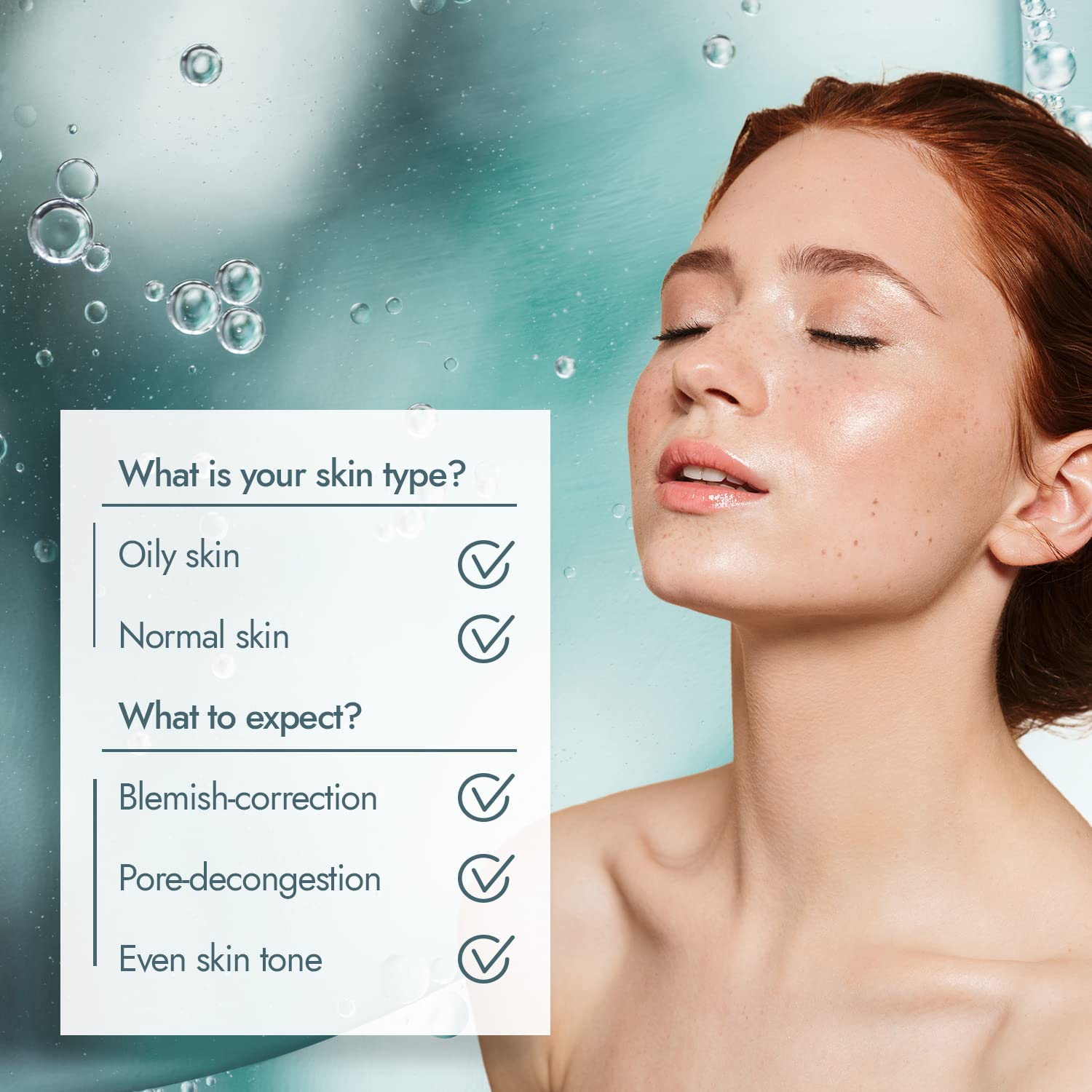 Frau mit geschlossenen Augen, Text zu Hauttypen und -erwartungen (Blemish-Korrektur, Porenbefreiung, Hautton), Teil vom SKINCYCLOPEDIA Set für unreine Haut.
