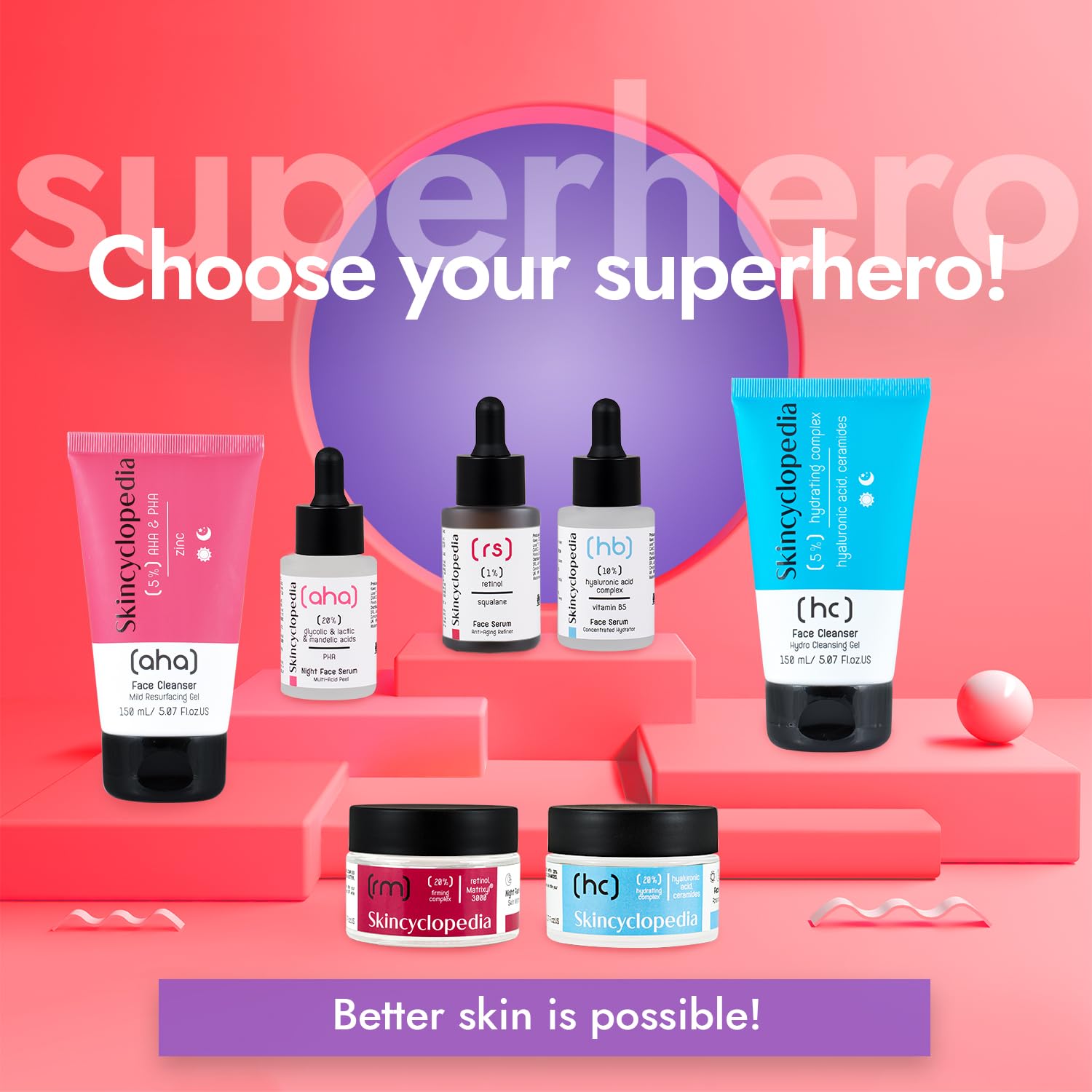 Mehrere SKINCYCLOPEDIA Hautpflegeprodukte, darunter ein AHA/PHA Gesichtsreiniger in rosa Verpackung, auf einer hellroten Oberfläche vor einem farbigen Hintergrund.
