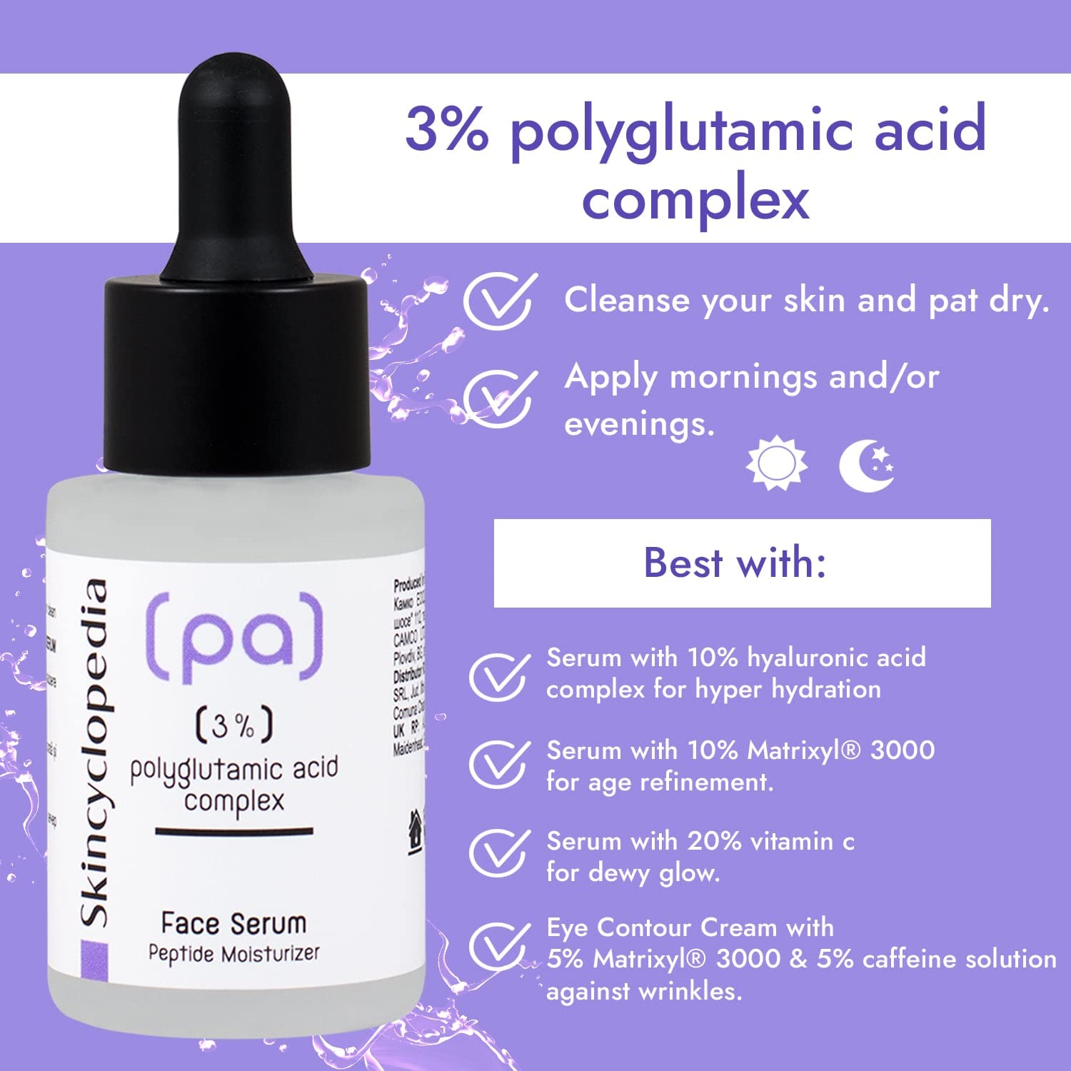 Serumflasche SKINCYCLOPEDIA Polyglutaminsäure 3% mit Pipette. Textinfos zu Anwendung und Kombination mit anderen Produkten.