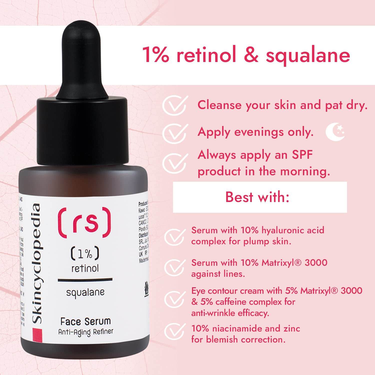 Nahaufnahme: SKINCYCLOPEDIA Retinol 1% Serum, braune Glasflasche mit Pipette. Text: Retinol, Squalan, Anti-Aging.