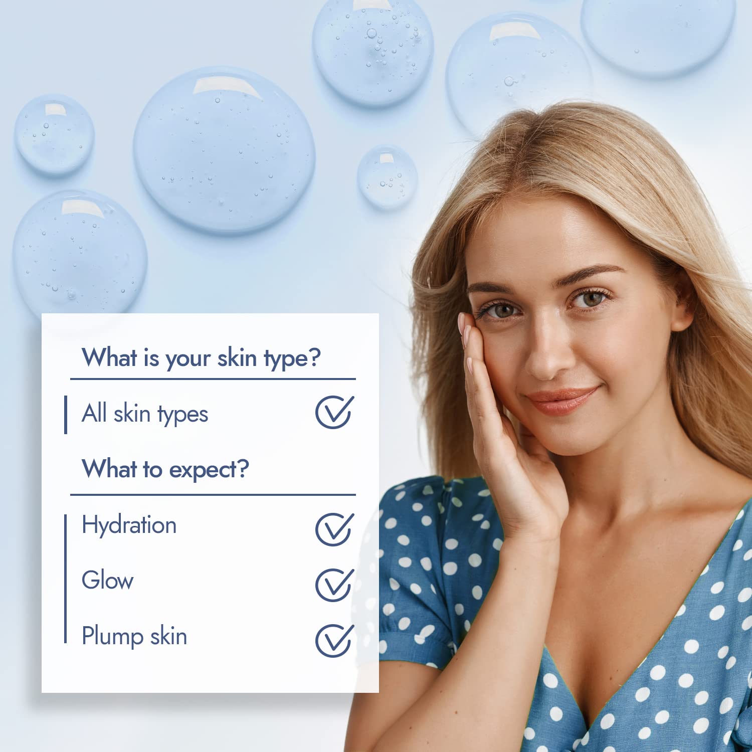 Frau mit strahlender Haut berührt ihr Gesicht; Checklisten-Infografik für Hauttypen: Feuchtigkeit, Glow, pralle Haut. SKINCYCLOPEDIA Hydrate Guide.