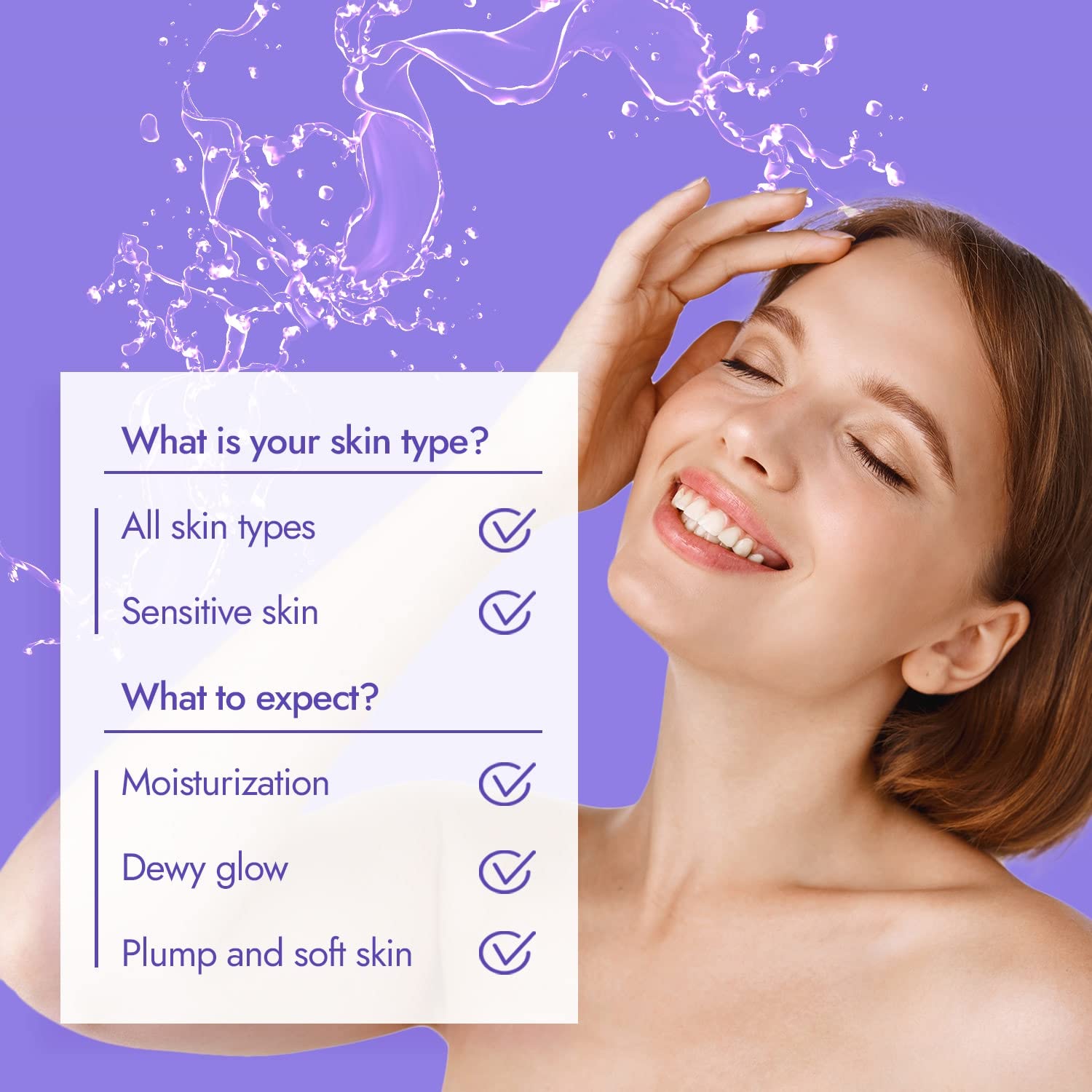Frau lächelt mit glatter Haut, bewirbt Feuchtigkeits-Booster Serum. Text: Hauttypen und Erwartungen. Violette Akzente.
