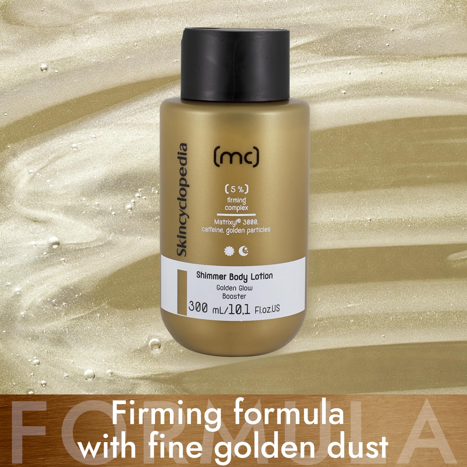 Goldene Shimmer Body Lotion Flasche mit dunklem Deckel vor goldenem, schimmerndem Hintergrund. Text: "Firming Formula with fine golden dust".