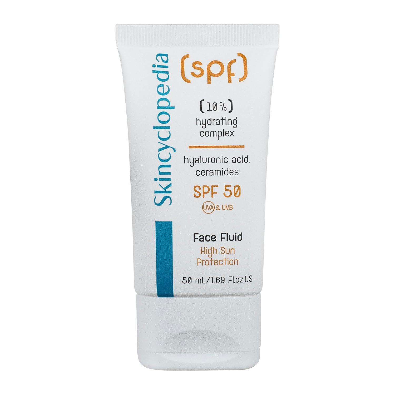 Weiße Tube SKINCYCLOPEDIA SPF 50 Hydrating Fluid mit blauem Akzent und Text über feuchtigkeitsspendenden Inhaltsstoffen und UV-Schutz.