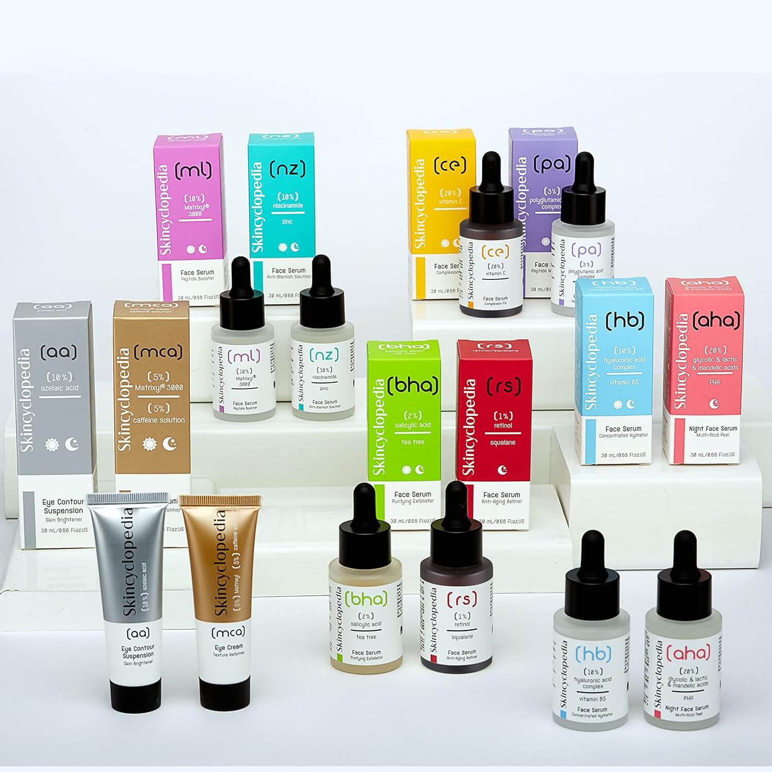 Vielfalt an SKINCYCLOPEDIA Seren. Darunter: Retinol, Vitamin C, Hyaluronsäure, Salicylsäure und Azelainsäure. Produkte für Anti-Aging, Glättung und Hauterneuerung.
