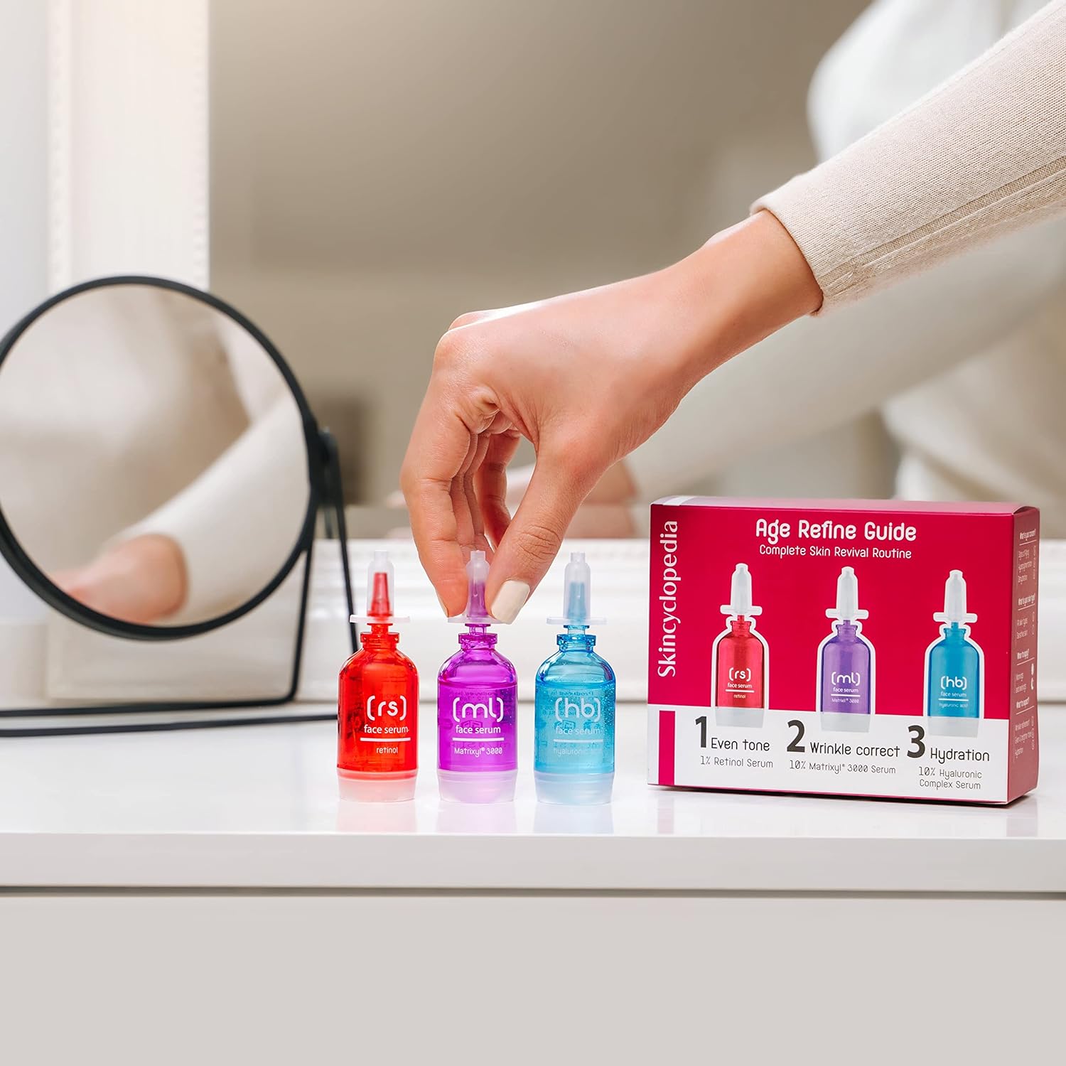 Ein 3er-Set SKINCYCLOPEDIA Age Perfect Guide Seren in Rot, Lila und Blau. Eine Hand hält eine Pipette über eine Serumflasche. Eine Box zeigt die Seren.
