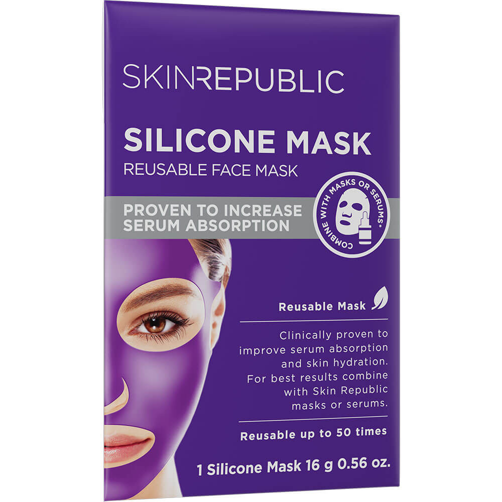 Verpackung für Skin Republic Silicone Mask. Die Schachtel ist dunkelviolett mit weißem Text. Unten links ist ein Teil des Gesichts einer Frau abgebildet, die eine lila Silikonmaske trägt. Der Text behauptet, die Maske sei bis zu 50 Mal wiederverwendbar.