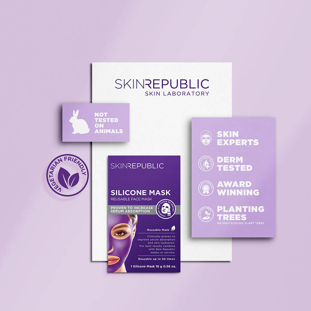 Produktstillleben mit Hautpflegeprodukten von "Skin Republic". Enthält eine Silikonmaske und Karten, die Merkmale wie "grausam-frei", "derm-getestet" und "pflanzt Bäume zum ökologischen Nutzen" hervorheben.