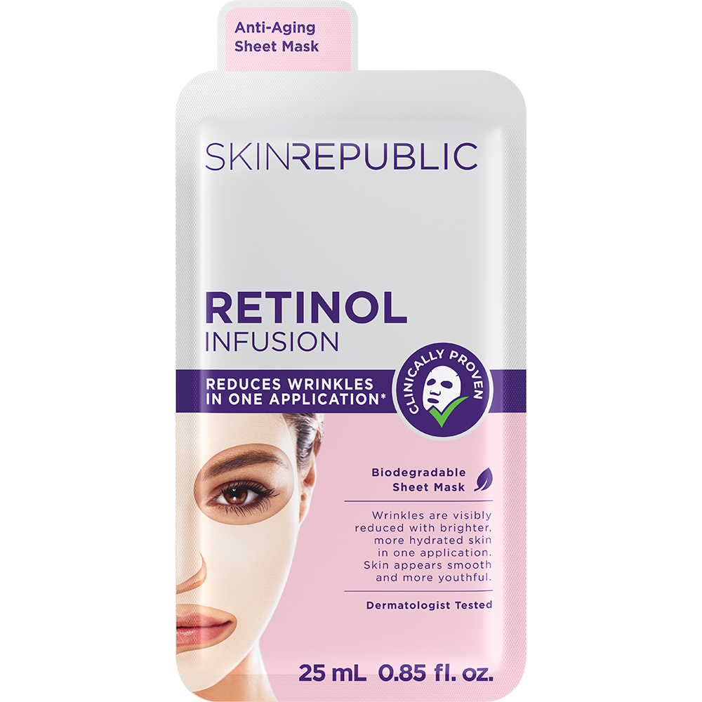 Verpackung einer Tuchmaske "Skin Republic Retinol Infusion". Teilansicht eines Gesichts mit Maske. Text: Anti-Aging, reduziert Falten, feuchtigkeitsspendend.
