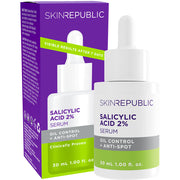 Verpackung und Flasche des SKIN REPUBLIC Salicylsäure 2% Serums. Textur, die unreine Haut und Pickel reduziert. Grüne Akzente.