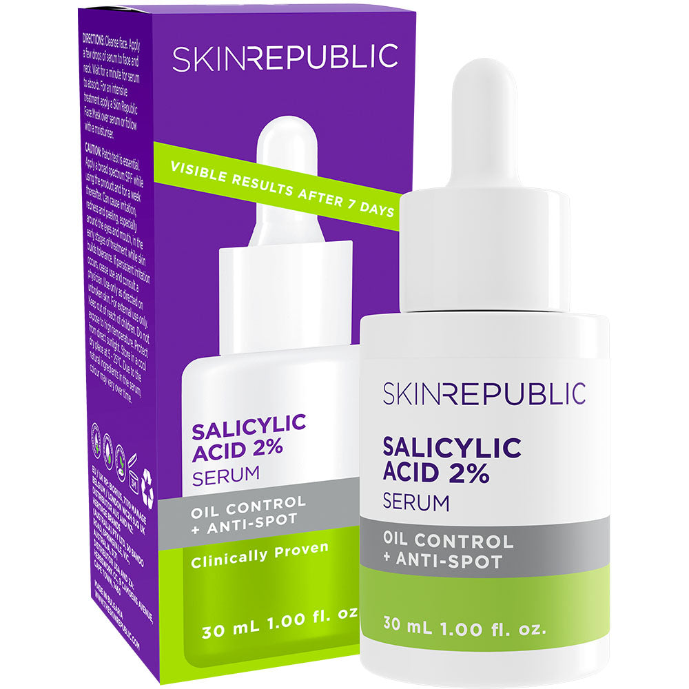 Verpackung und Flasche des SKIN REPUBLIC Salicylsäure 2% Serums. Textur, die unreine Haut und Pickel reduziert. Grüne Akzente.