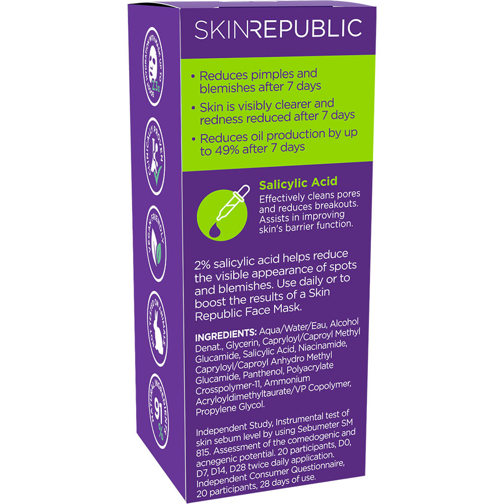 Verpackung einer Hautpflegeproduktes von Skin Republic in Lila und Grün, die Salicylsäure enthält. Sie verspricht reduzierte Pickel und klarere Haut in 7 Tagen.
