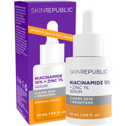 Verpackung und Flasche des SKIN REPUBLIC Niacinamide 10% Serums. Das Serum verspricht Porenverfeinerung und Balance für die Haut.