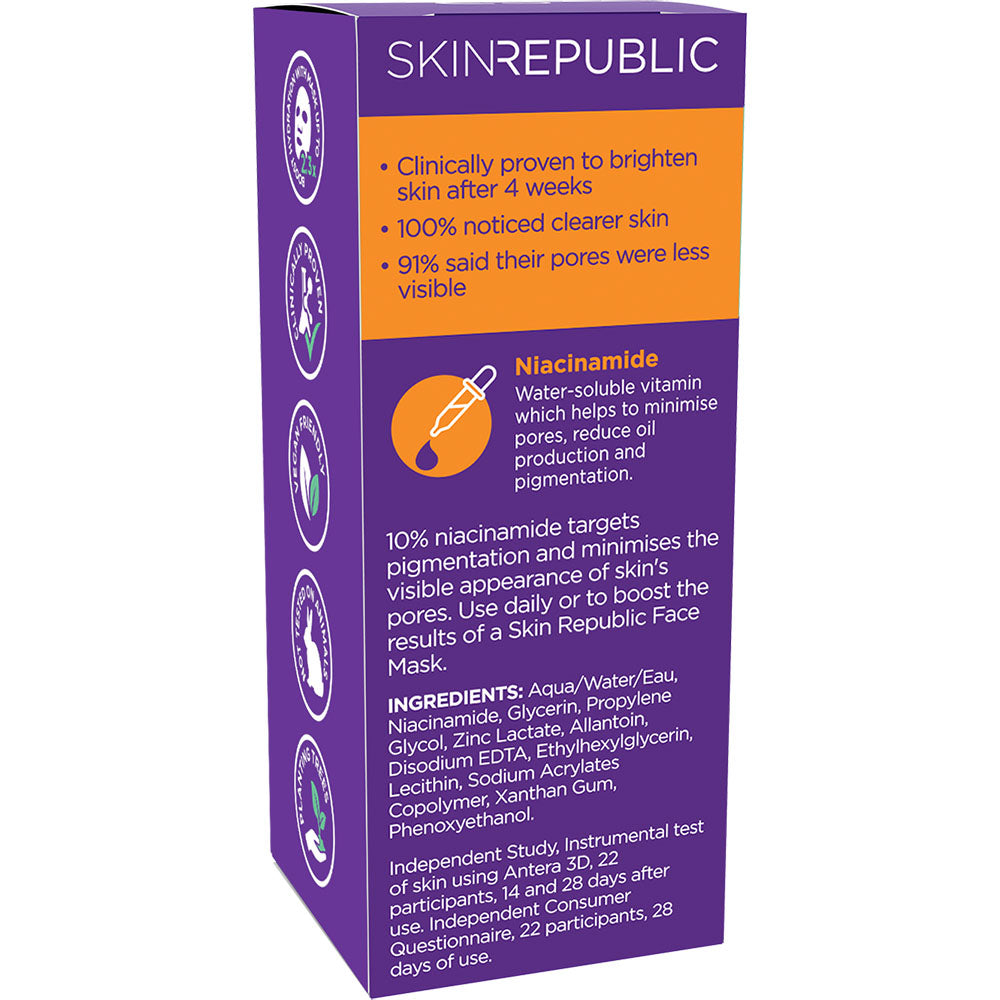 Ein violetter Karton von Skin Republic, der verspricht, die Haut aufzuhellen und Poren zu verfeinern. Die Zutaten sind aufgelistet.