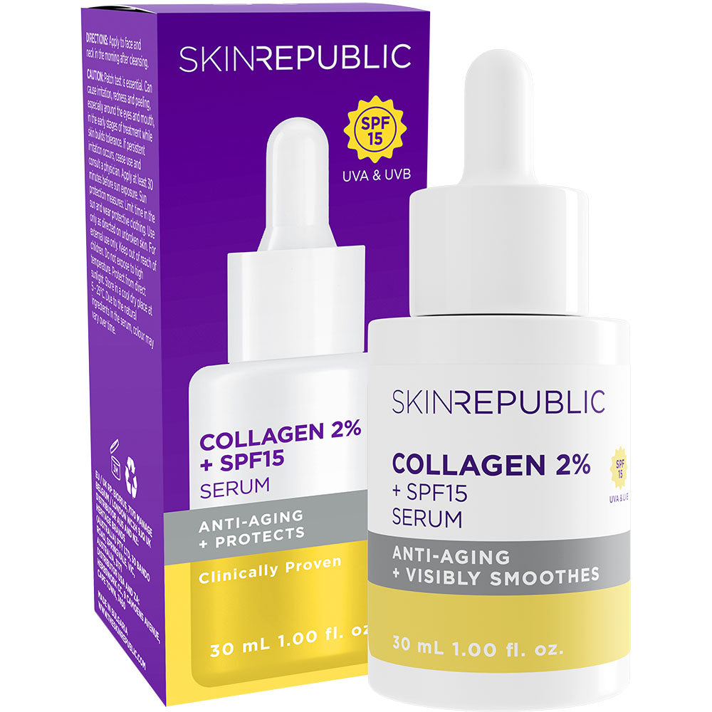Serum mit Collagen und Lichtschutzfaktor in weißer Flasche mit Pipette. Verpackung lila und weiß.