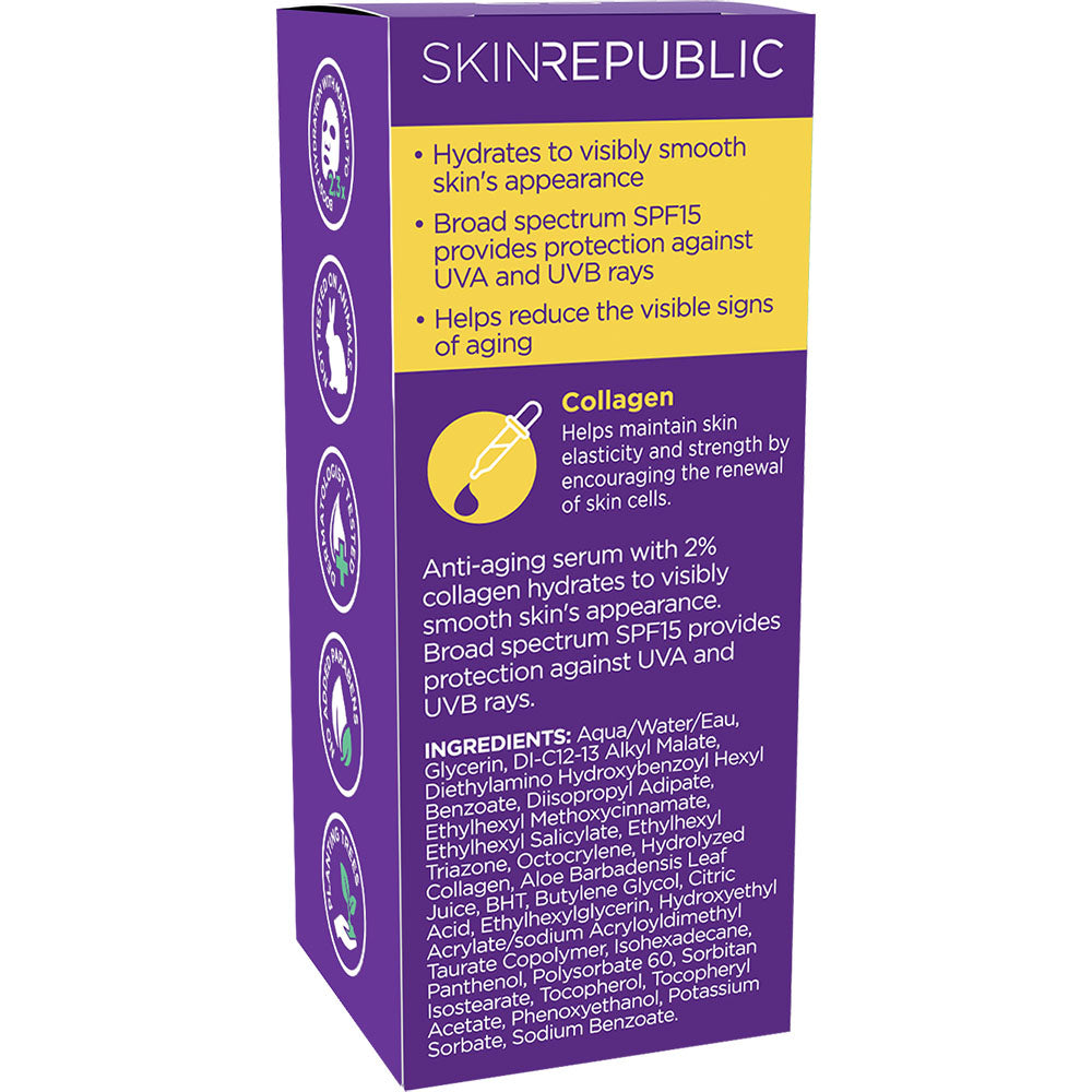 Verpackung eines lila-gelben Hautpflegeprodukts mit dem Markennamen "Skin Republic", das feuchtigkeitsspendend und anti-aging ist und SPF15 bietet. Die Inhaltsstoffe sind aufgelistet.