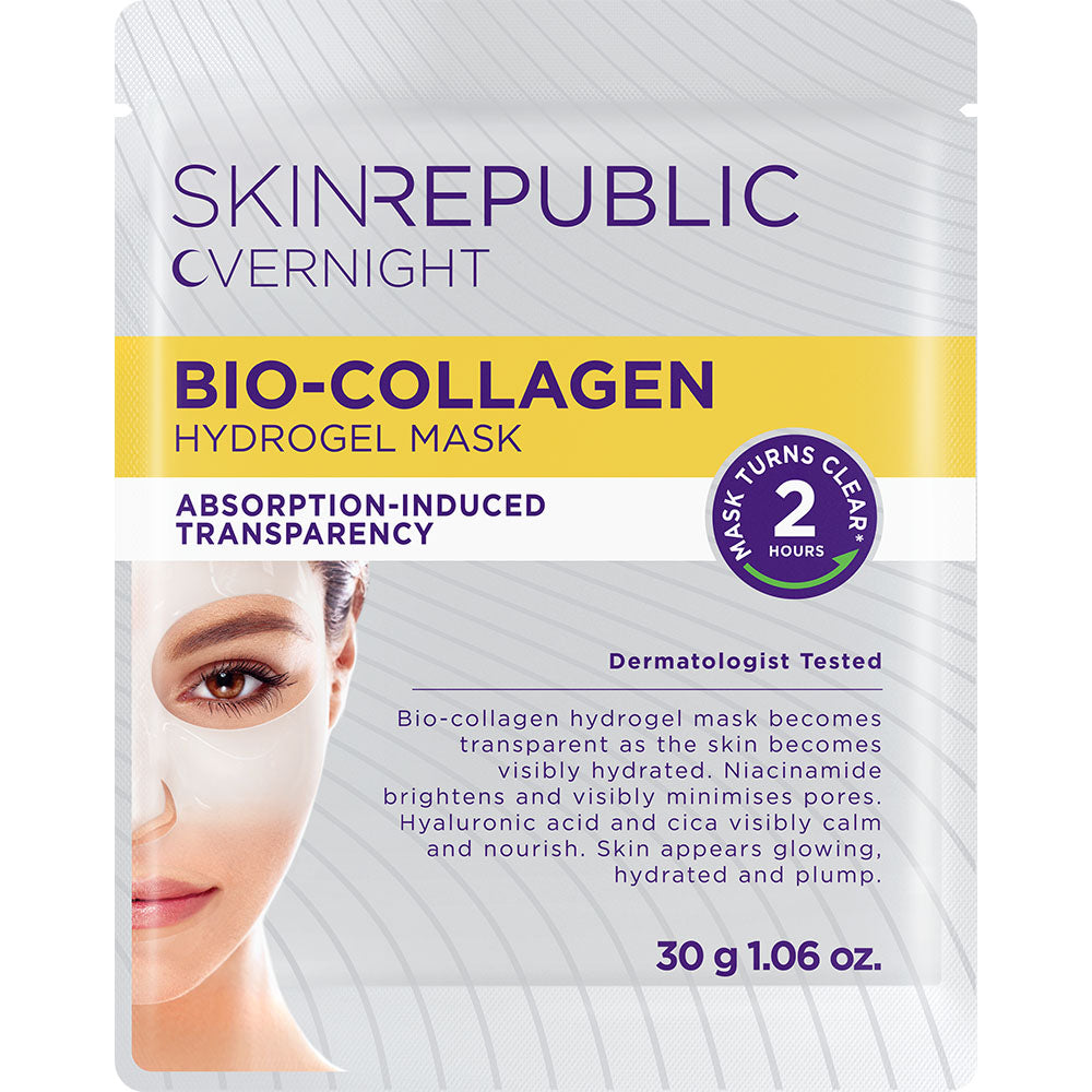 Verpackung einer Bio-Collagen Hydrogel Maske von Skin Republic. Eine Frau trägt die Maske, Text verspricht Transparenz und Glow. Dermatologisch getestet.