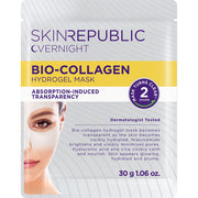 Verpackung einer Bio-Collagen Hydrogel Maske von Skin Republic. Eine Frau trägt die Maske, Text verspricht Transparenz und Glow. Dermatologisch getestet.
