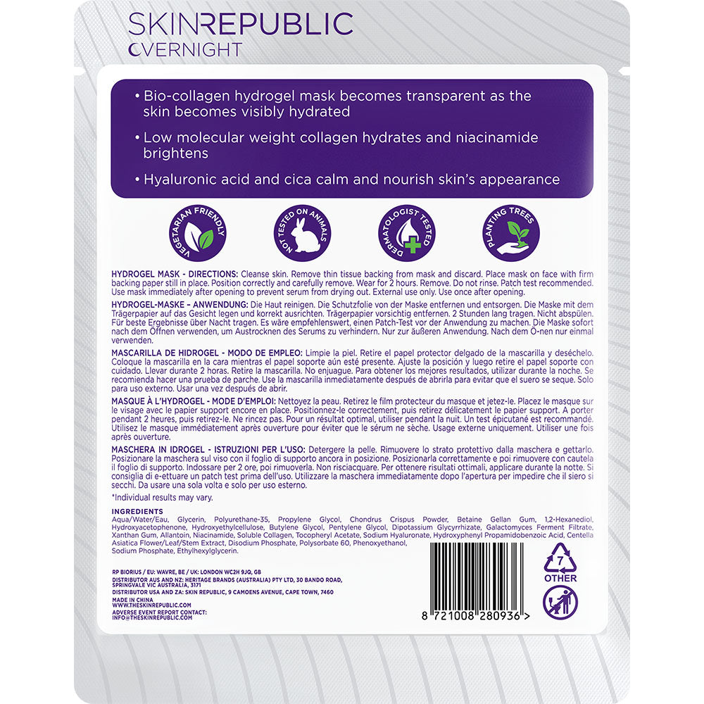 Verpackungsrückseite der SKIN REPUBLIC Collagen Hydrogel Maske. Text zu Inhaltsstoffen, Anwendungshinweisen und Herstellerinformationen.