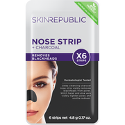 Packung Skin Republic Nasenstreifen. Das Produkt verspricht, Mitesser mit tiefenreinigender Holzkohle und Hamamelis zu entfernen. Abgebildet ist eine Frau, die einen Streifen auf ihrer Nase trägt.
