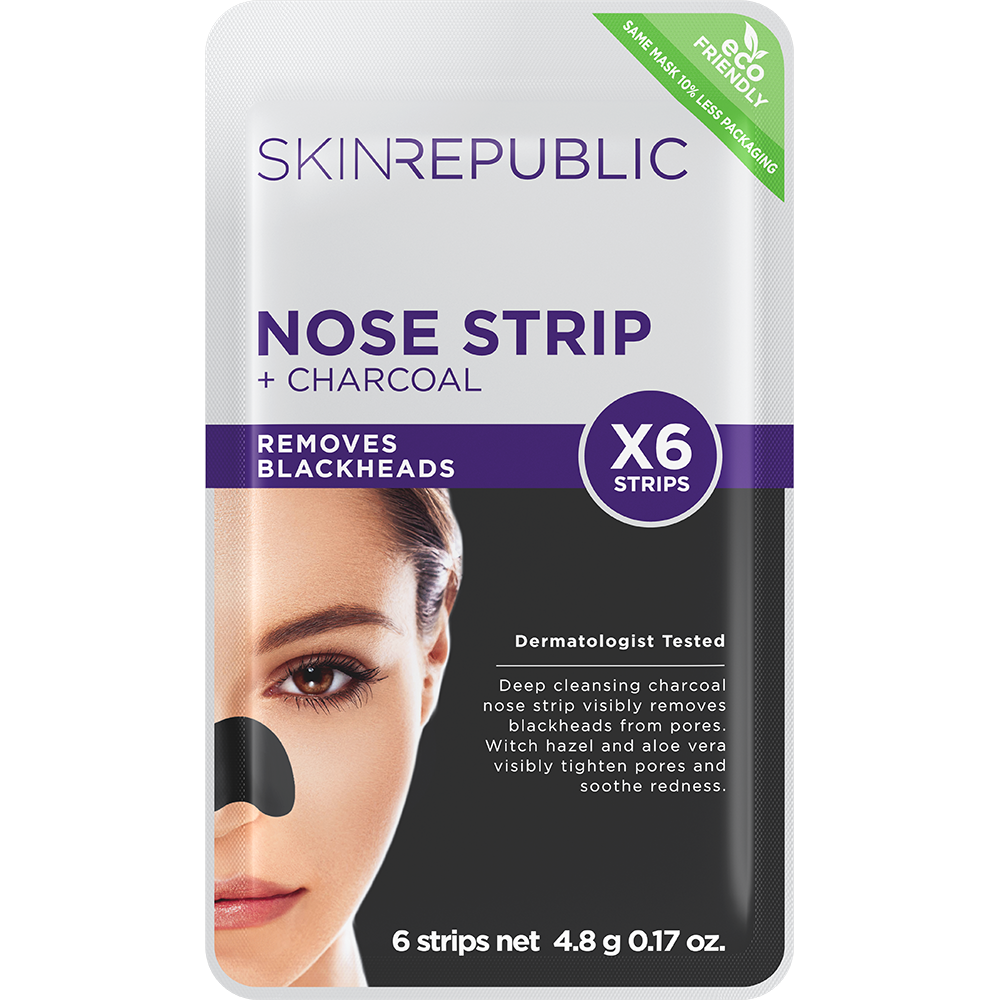 Packung Skin Republic Nasenstreifen. Das Produkt verspricht, Mitesser mit tiefenreinigender Holzkohle und Hamamelis zu entfernen. Abgebildet ist eine Frau, die einen Streifen auf ihrer Nase trägt.
