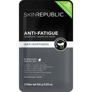 Eine Skin Republic Anti-Müdigkeitsmaske aus Holzkohle für die Augen. Die Maske wird als biologisch abbaubar, gegen Schwellungen und von Dermatologen getestet beworben. Sie soll Augenringe, Schwellungen und Fältchen reduzieren. Enthält drei Paare.