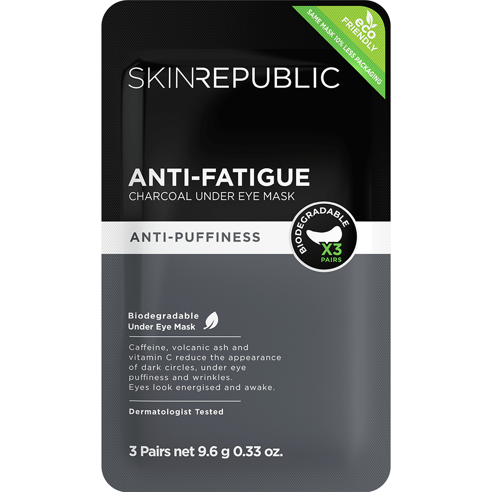 Eine Skin Republic Anti-Müdigkeitsmaske aus Holzkohle für die Augen. Die Maske wird als biologisch abbaubar, gegen Schwellungen und von Dermatologen getestet beworben. Sie soll Augenringe, Schwellungen und Fältchen reduzieren. Enthält drei Paare.