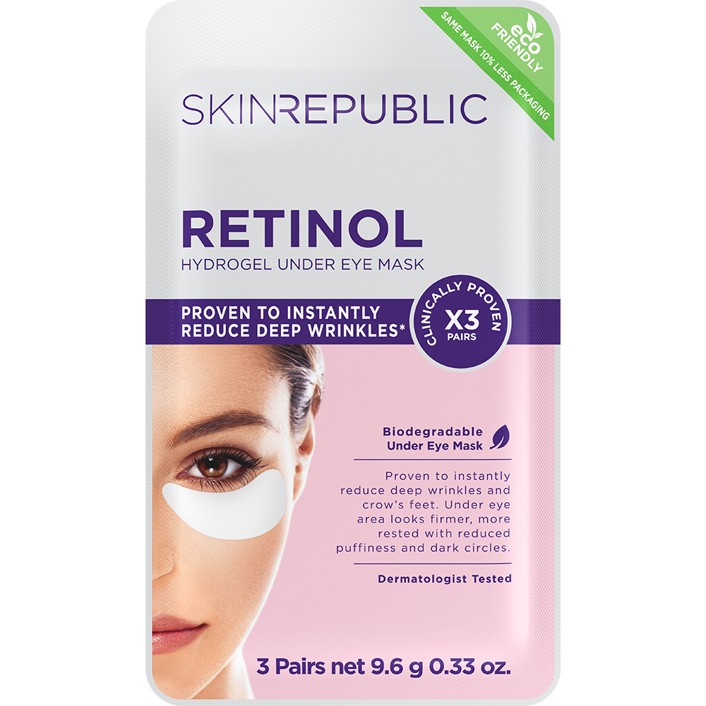Verpackung der Skin Republic Retinol Augenpads. Auf der Haut unter dem Auge ist ein weißes Pad zu sehen. Text sagt reduziert Falten.
