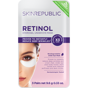 Verpackung der Skin Republic Retinol Augenpads. Auf der Haut unter dem Auge ist ein weißes Pad zu sehen. Text sagt reduziert Falten.