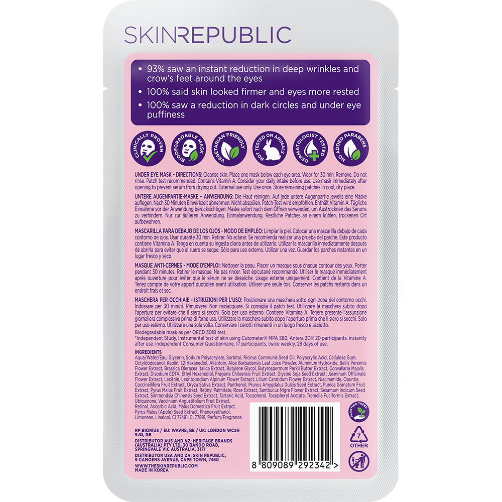 Verpackung einer Augenmaske mit Informationen zu Inhaltsstoffen und Vorteilen. Lila und weiße Farbgebung, Text in mehreren Sprachen. Logos für tierversuchsfrei und dermatologisch getestet.