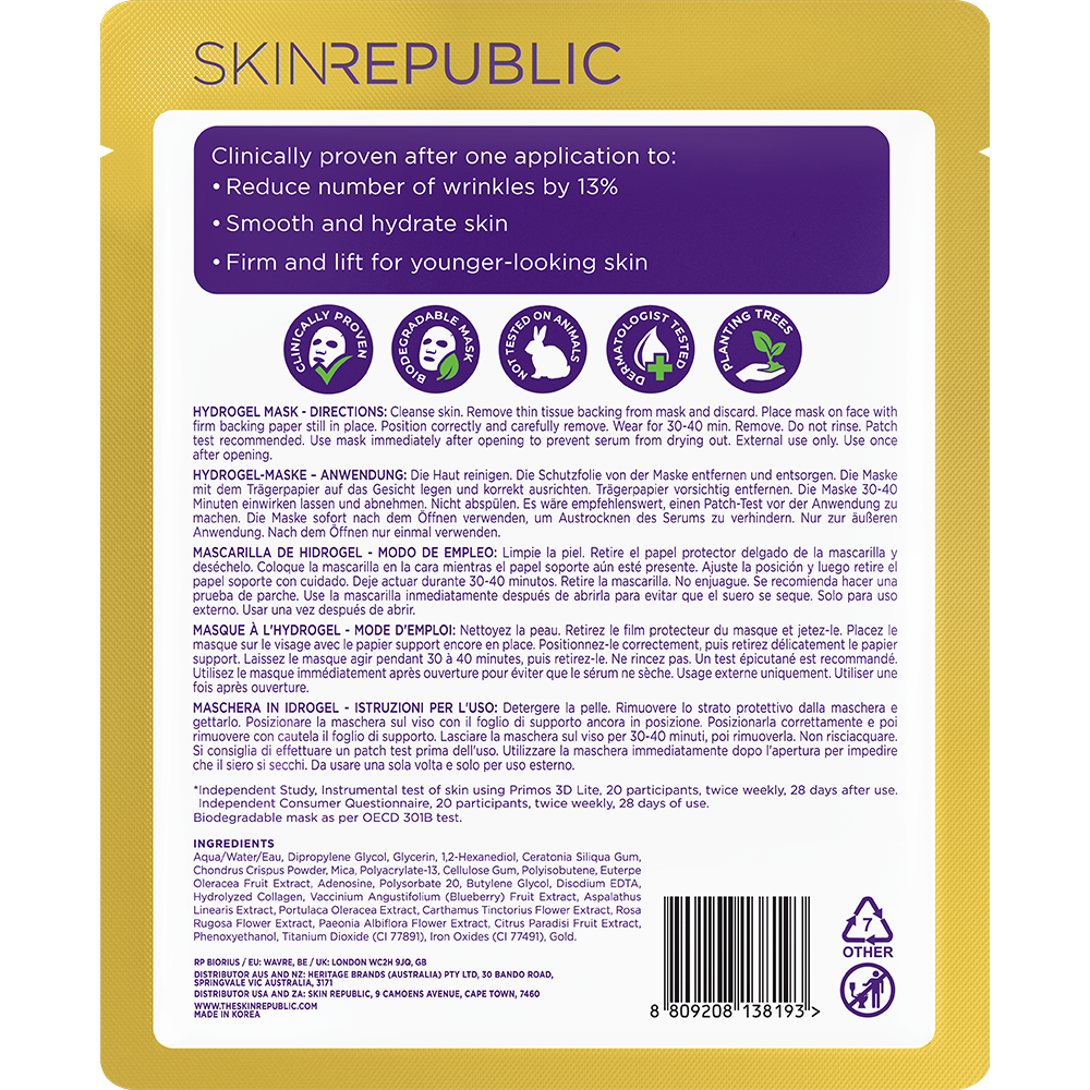 Eine goldgelbe Verpackung von Skin Republic Hydrogel Maske mit Text zu Vorteilen, Anwendungshinweisen und Inhaltsstoffen.