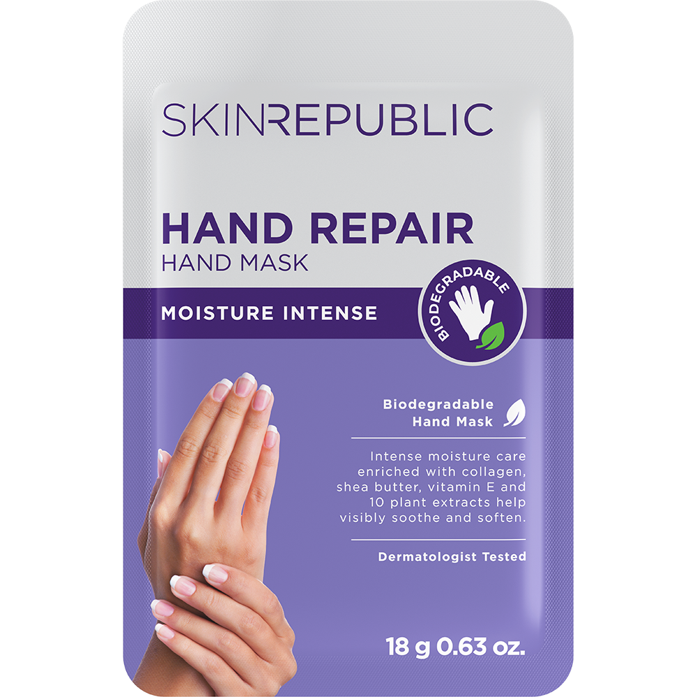 Eine Skin Republic Handreparaturmaske. Die Verpackung zeigt ein Paar Hände und gibt an, dass die Maske biologisch abbaubar ist. Außerdem heißt es, dass sie von Dermatologen getestet wurde.
