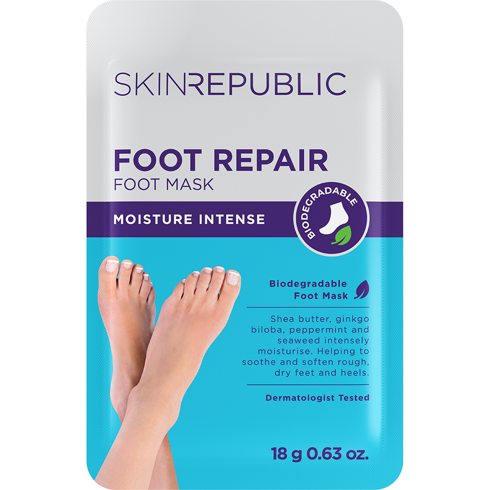 Die Verpackung der Skin Republic Foot Repair Mask zeigt gekreuzte Füße und behauptet, biologisch abbaubar zu sein. Sheabutter, Ginkgo Biloba, Pfefferminze und Meeresalgen spenden intensiv Feuchtigkeit.