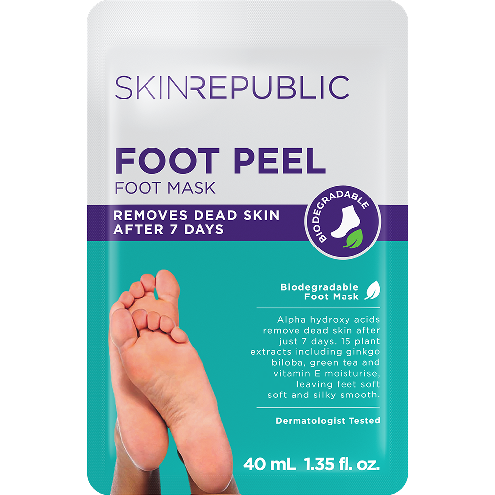 Verpackung einer Skin Republic Foot Peel Fussmaske mit Füssen auf der Vorderseite.